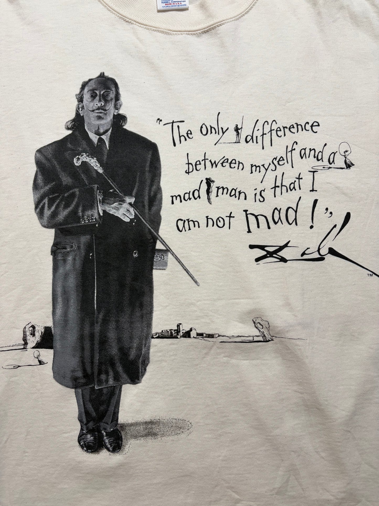Vintage 90s Salvador Dali “Not Mad” Quote Art T-Shirt — Jerzees Made in USA — L