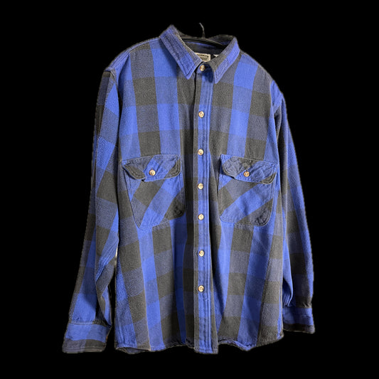 90s Five Brother Heavy Flannel Block Check Shirt L — Blue × Black / Vintage Workwear
