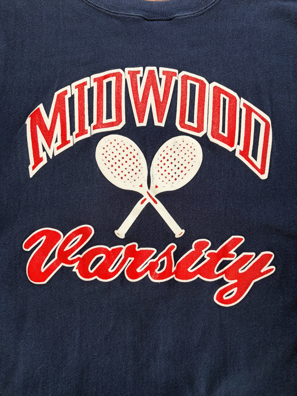 80s Champion Reverse Weave "MIDWOOD Varsity" Sweatshirt L — Navy / Tricolor Tag / Made in USA Vintage