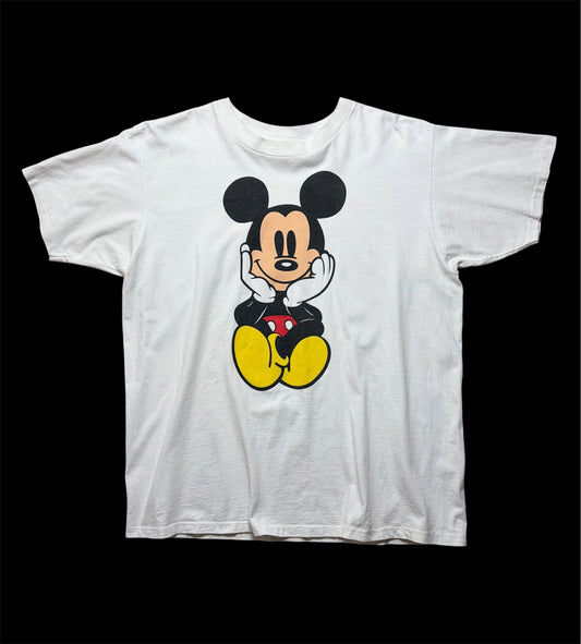 90s Vintage Disney Mickey Mouse Sitting Pose Tee / Rare Graphic Variant / Back Print / White / One Size Fits All (XL)