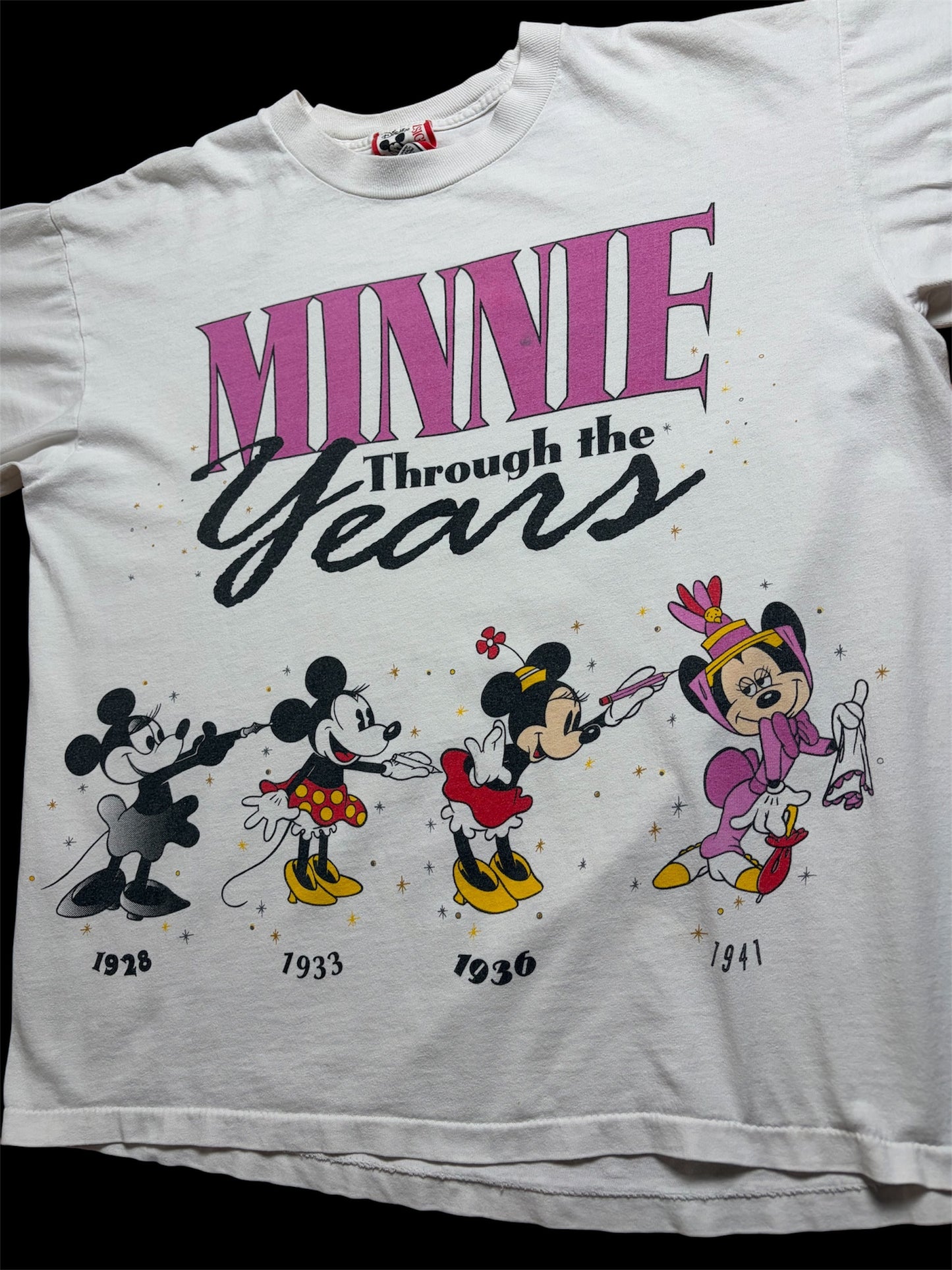 90s Disney Designs “MINNIE Through the Years” Tee S/M — All-Over Print / Made in USA