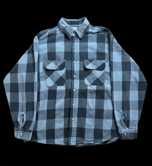 90s Five Brother Heavy Flannel Block Check Shirt L — Black × Gray / Vintage Workwear