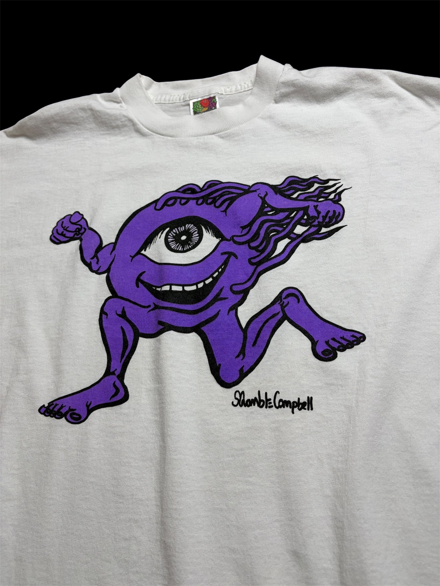 90s “Scramble Campbell” One-Eye Monster Art Tee XL — Fruit of the Loom Heavy Cotton / Single Stitch / Made in USA