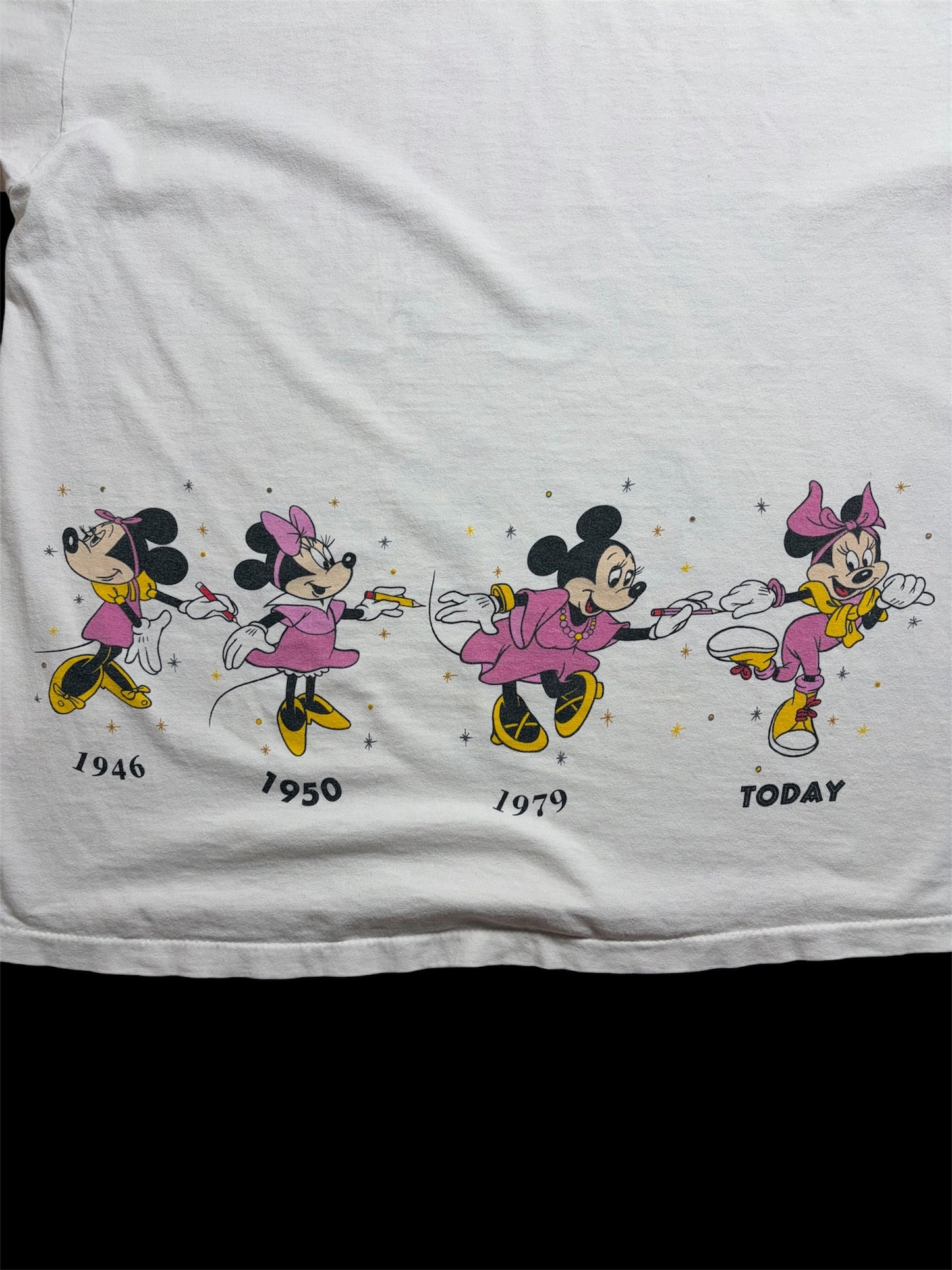 90s Disney Designs “MINNIE Through the Years” Tee S/M — All-Over Print / Made in USA