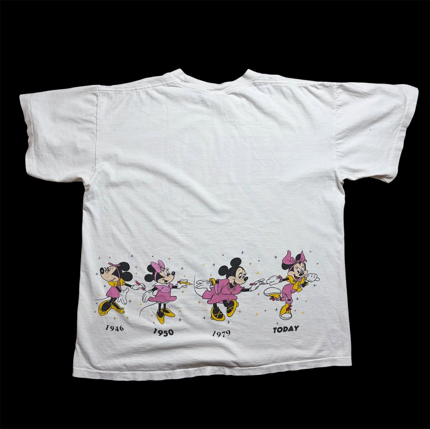 90s Disney Designs “MINNIE Through the Years” Tee S/M — All-Over Print / Made in USA