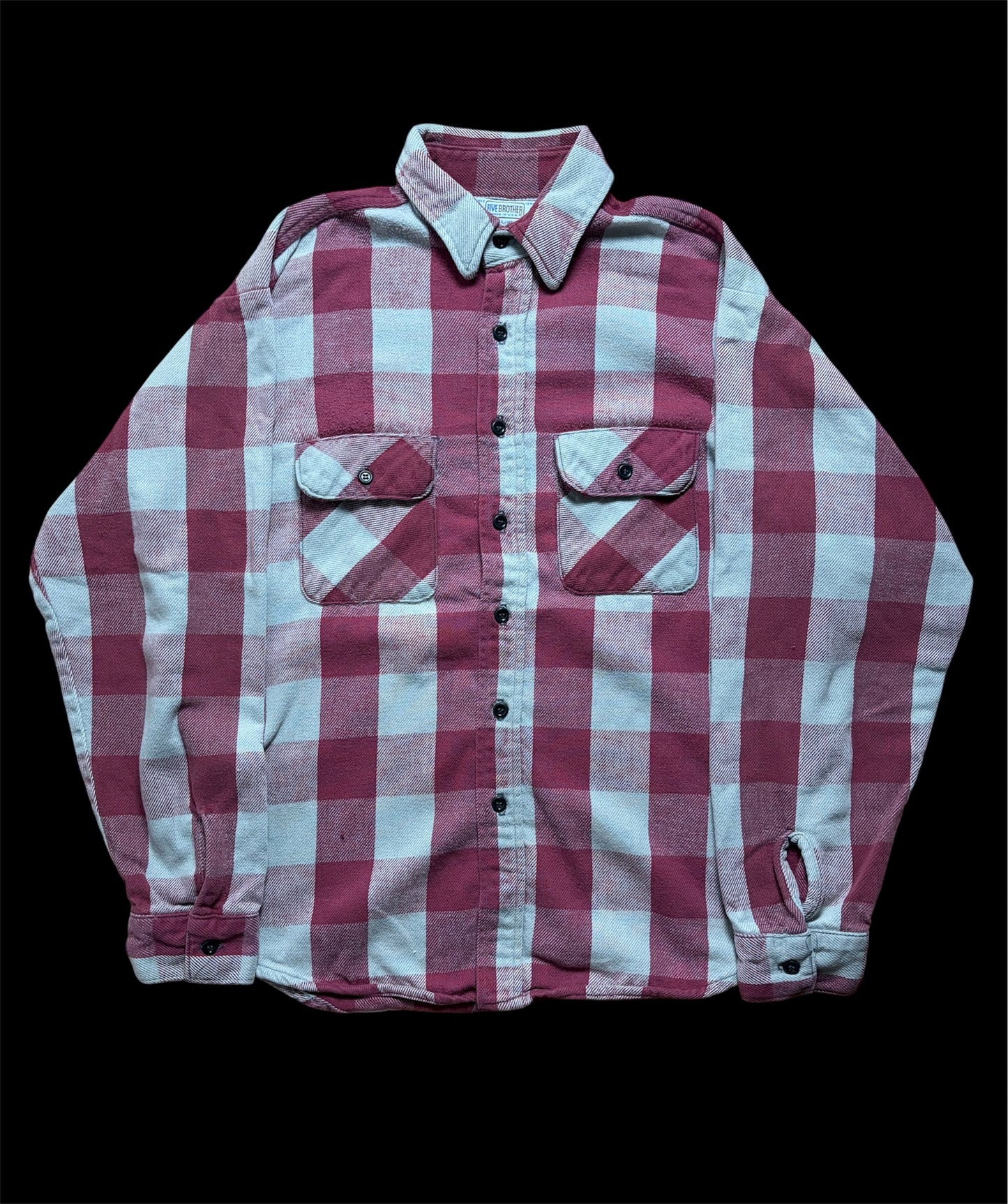 80s Vintage Five Brother Buffalo Block Check Flannel Shirt / Burgundy x Grey / Made in USA / L