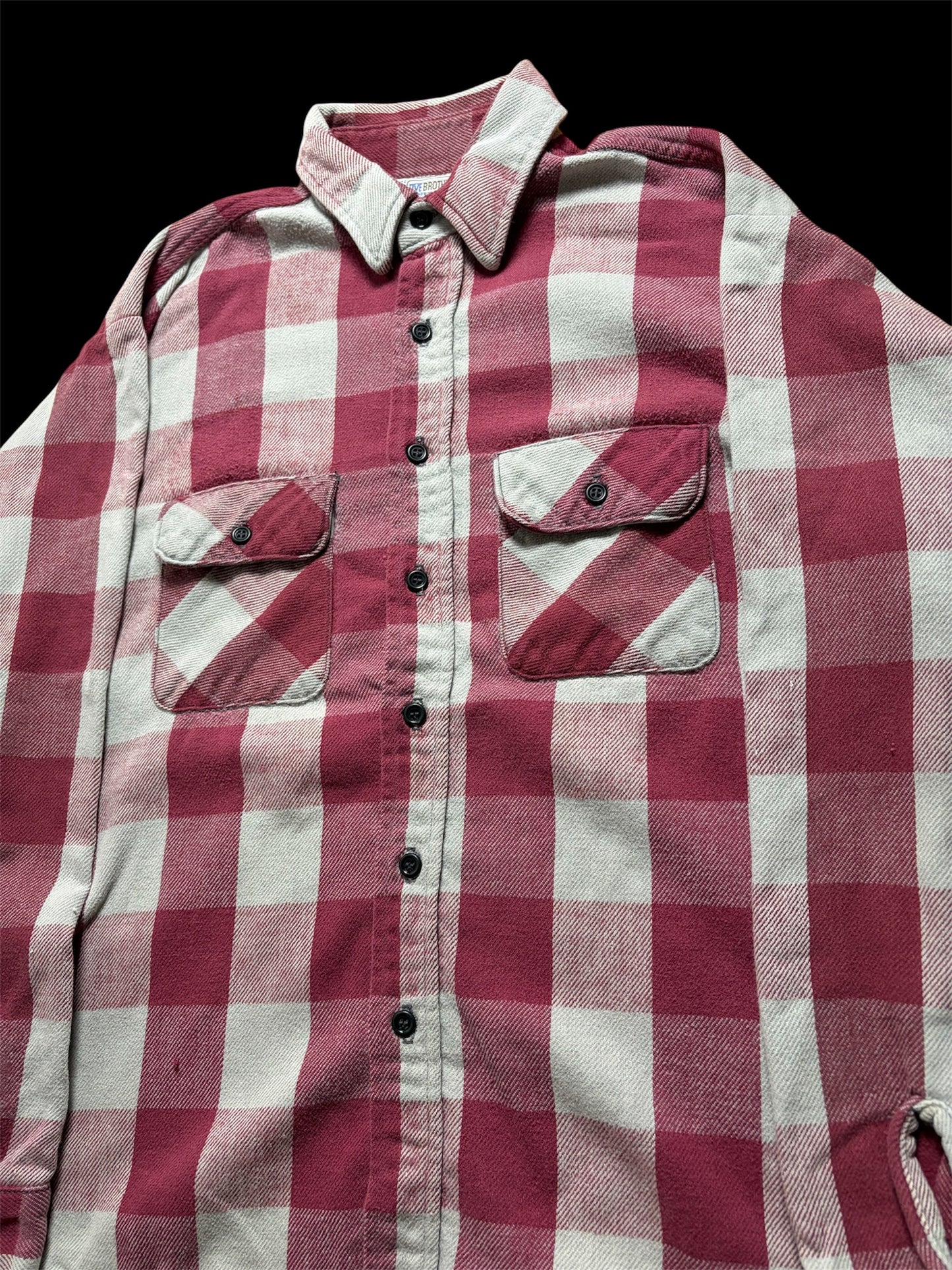 80s Vintage Five Brother Buffalo Block Check Flannel Shirt / Burgundy x Grey / Made in USA / L