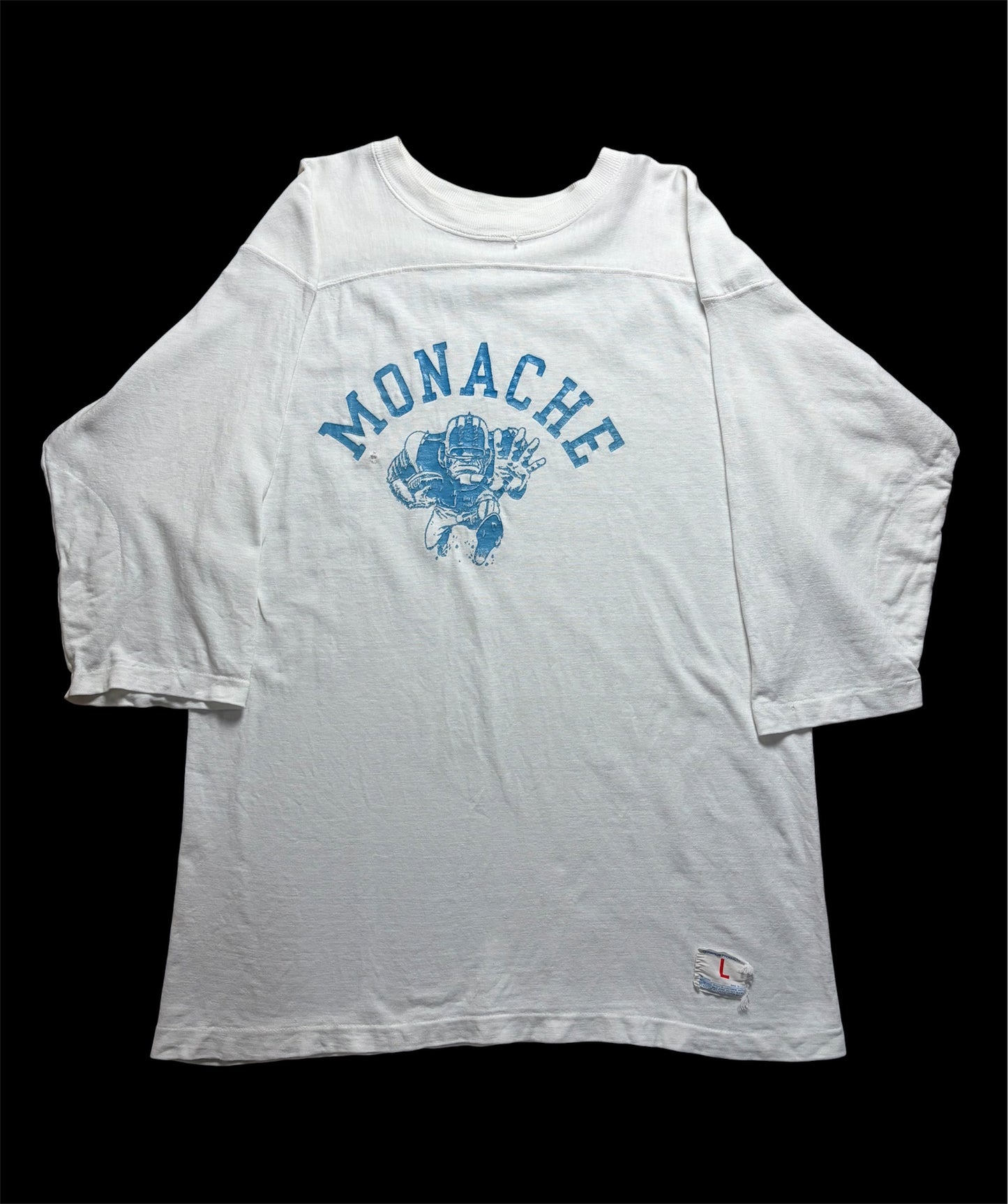 70s Champion Products ‘MONACHE’ Cotton Football Tee L — Made in USA