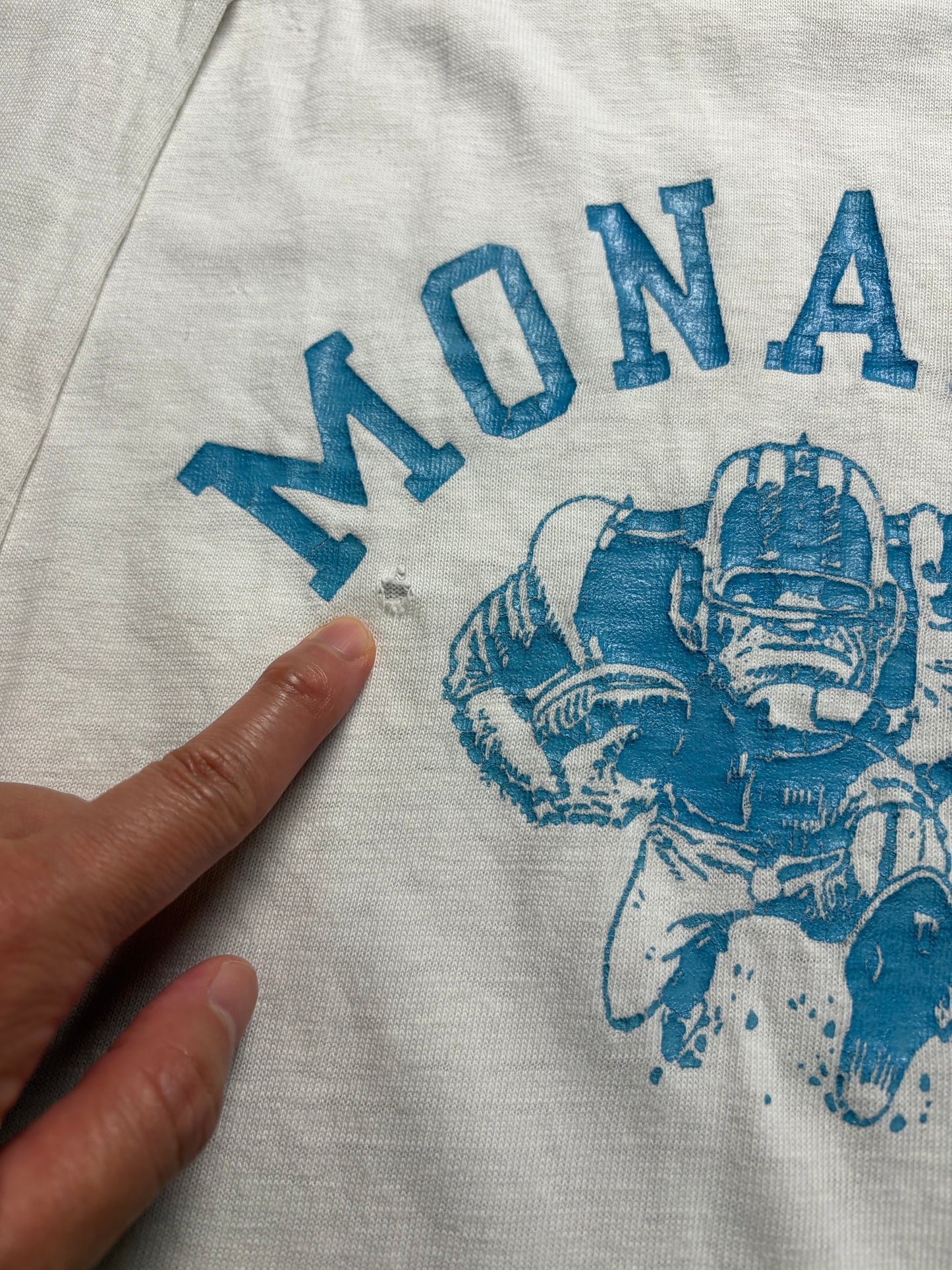 70s Champion Products ‘MONACHE’ Cotton Football Tee L — Made in USA