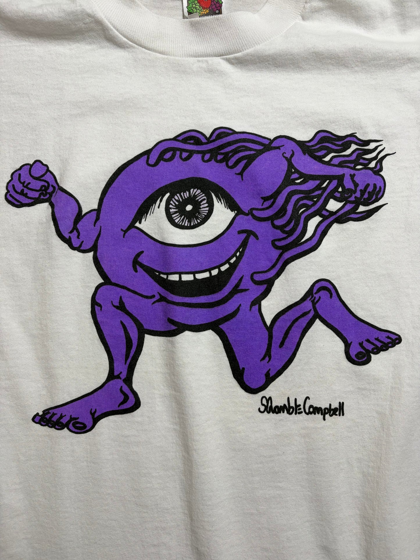 90s “Scramble Campbell” One-Eye Monster Art Tee XL — Fruit of the Loom Heavy Cotton / Single Stitch / Made in USA