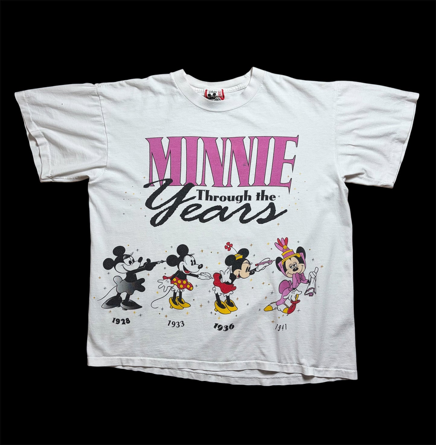 90s Disney Designs “MINNIE Through the Years” Tee S/M — All-Over Print / Made in USA
