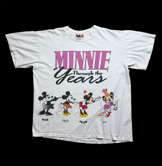 90s Disney Designs “MINNIE Through the Years” Tee S/M — All-Over Print / Made in USA
