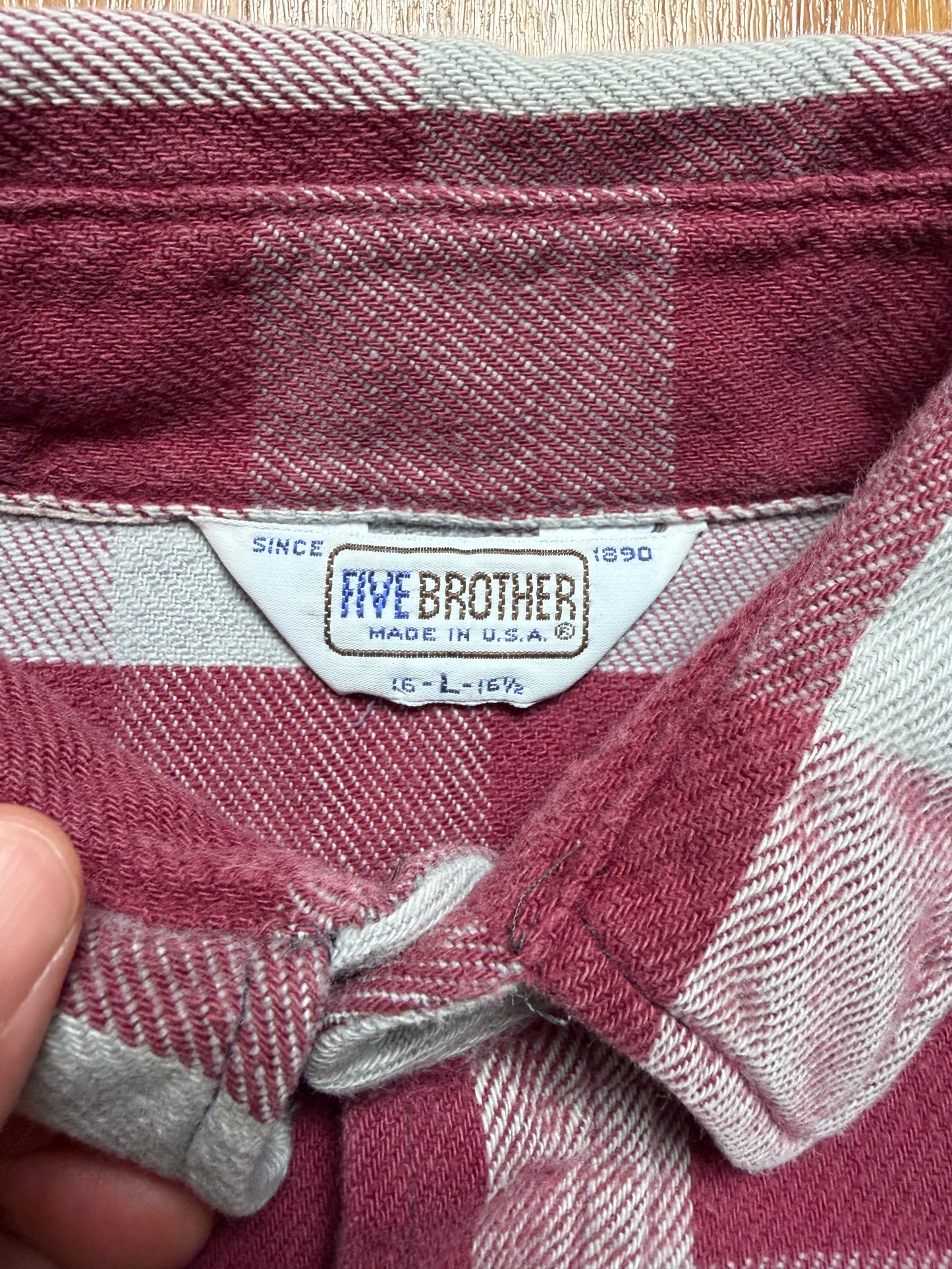 80s Vintage Five Brother Buffalo Block Check Flannel Shirt / Burgundy x Grey / Made in USA / L