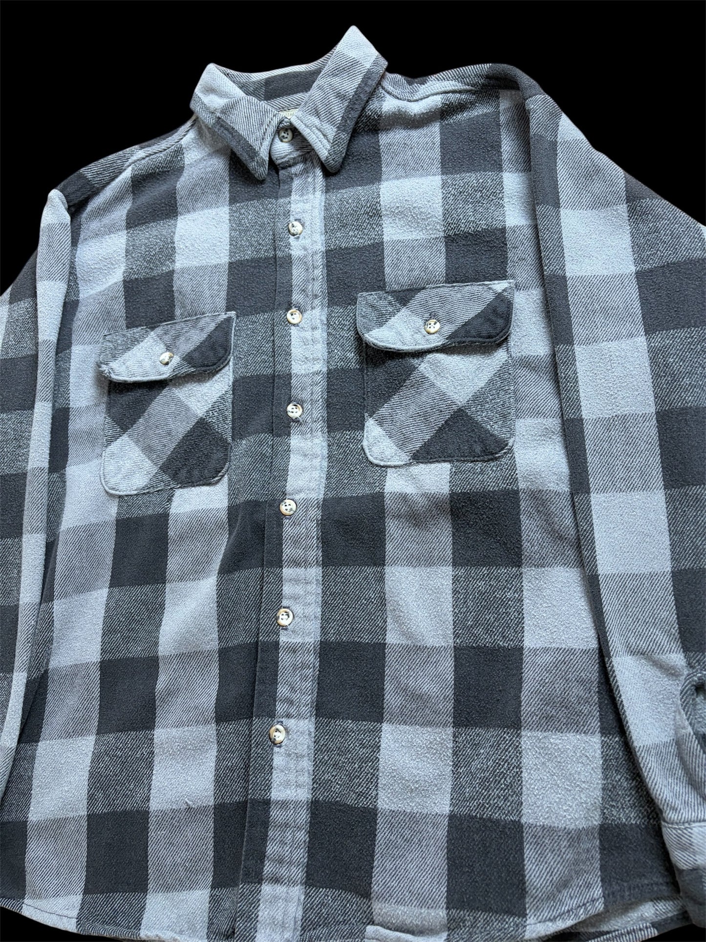 90s Five Brother Heavy Flannel Block Check Shirt L — Black × Gray / Vintage Workwear