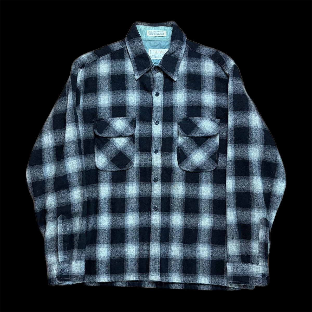 70s Cascade Shadow Plaid Wool Shirt L — Black / Flap Pockets / Quilted Lining Vintage