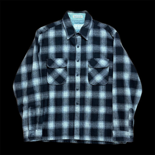 70s Cascade Shadow Plaid Wool Shirt L — Black / Flap Pockets / Quilted Lining Vintage