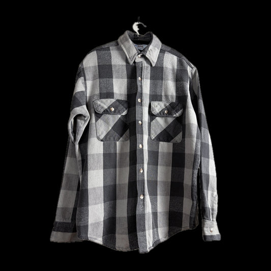 80s Five Brother Heavy Flannel Block Check Shirt M — Gray × Black / Made in USA Vintage Workwear