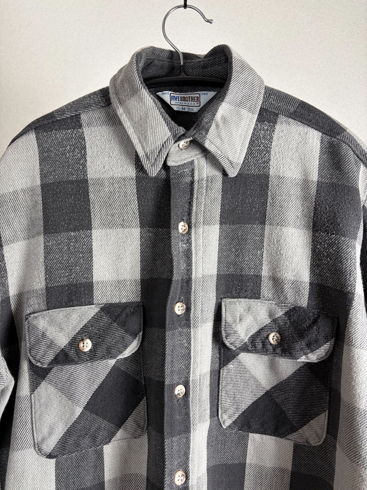 80s Five Brother Heavy Flannel Block Check Shirt M — Gray × Black / Made in USA Vintage Workwear
