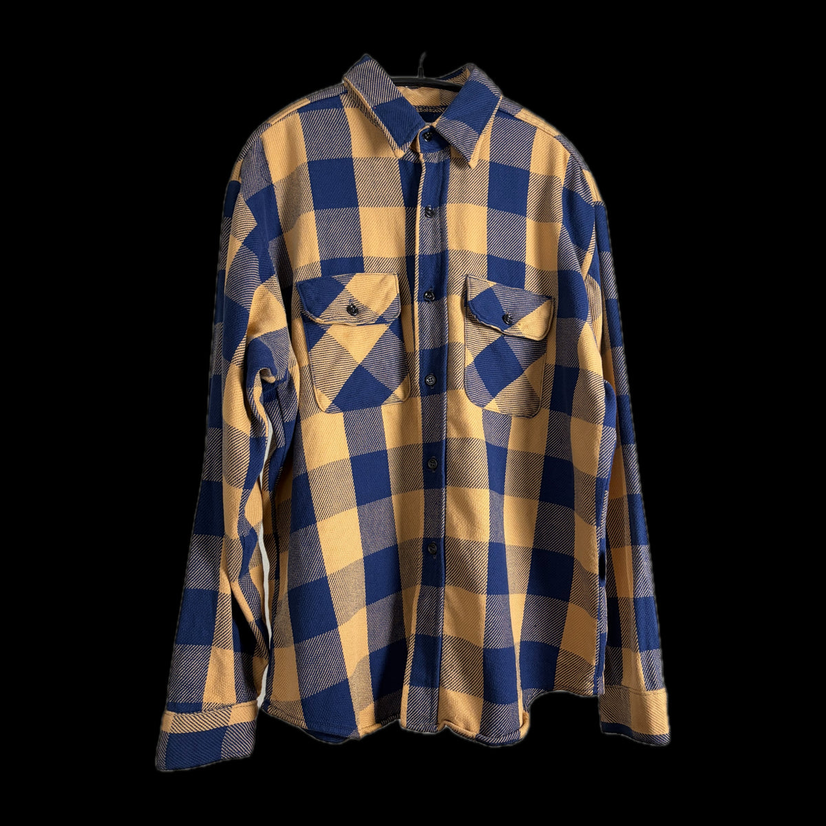 90s Five Brother Heavy Flannel Block Check Shirt L — Mustard × Blue / Made in USA Vintage Workwear