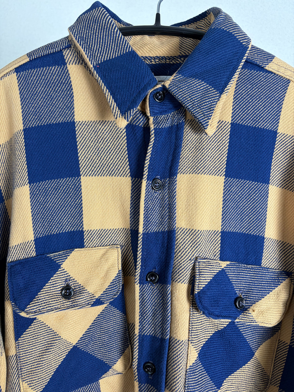 90s Five Brother Heavy Flannel Block Check Shirt L — Mustard × Blue / Made in USA Vintage Workwear