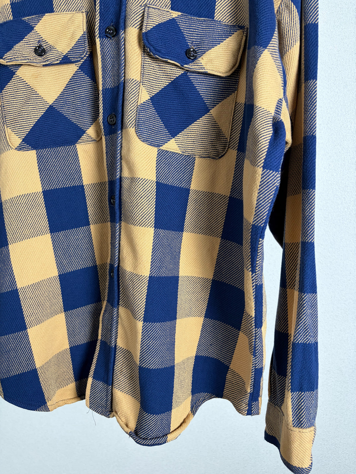 90s Five Brother Heavy Flannel Block Check Shirt L — Mustard × Blue / Made in USA Vintage Workwear