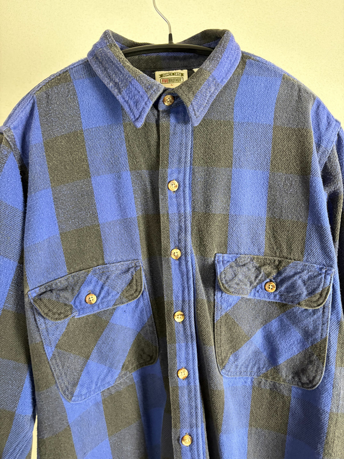90s Five Brother Heavy Flannel Block Check Shirt L — Blue × Black / Vintage Workwear