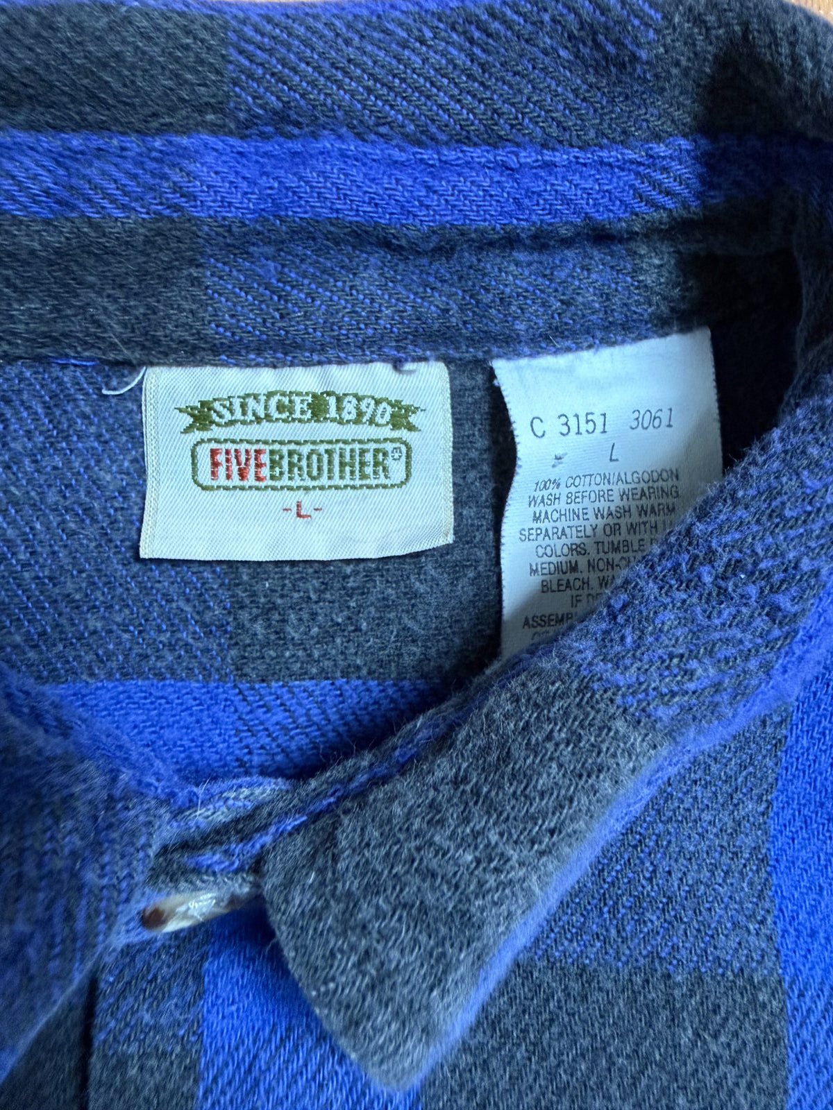 90s Five Brother Heavy Flannel Block Check Shirt L — Blue × Black / Vintage Workwear