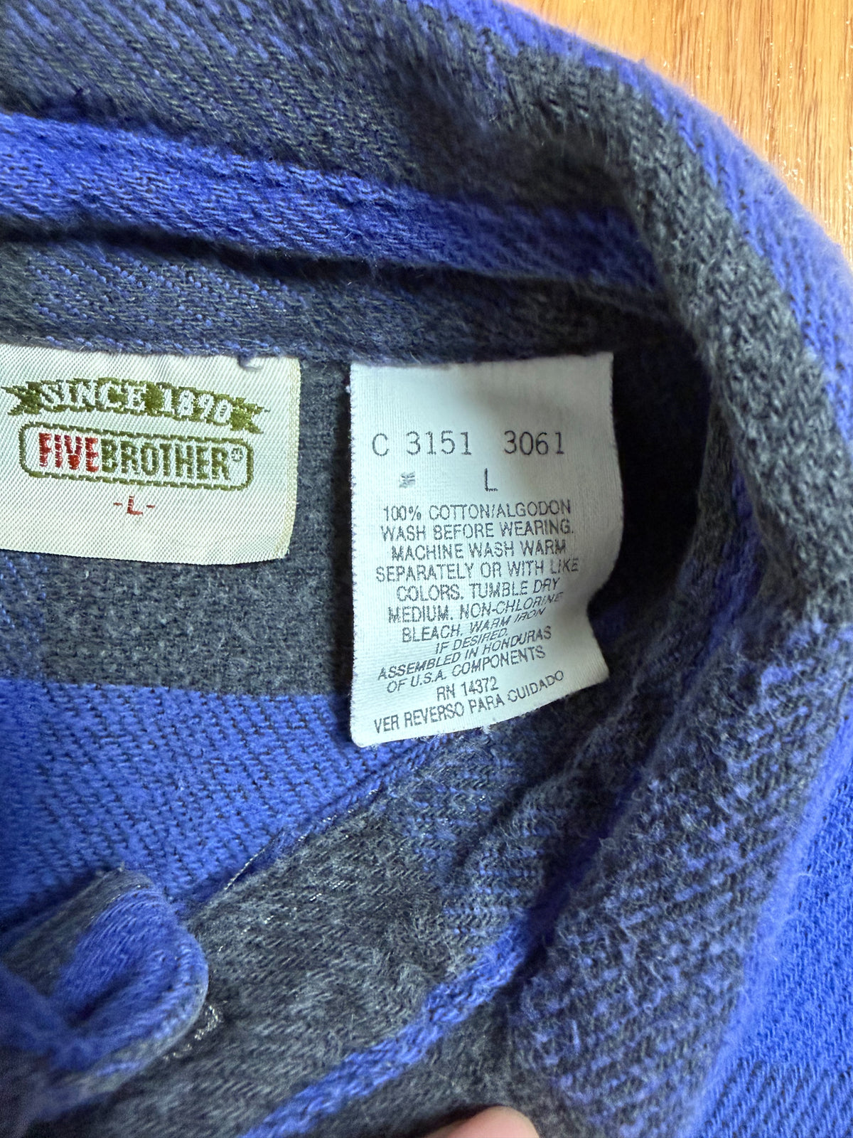90s Five Brother Heavy Flannel Block Check Shirt L — Blue × Black / Vintage Workwear