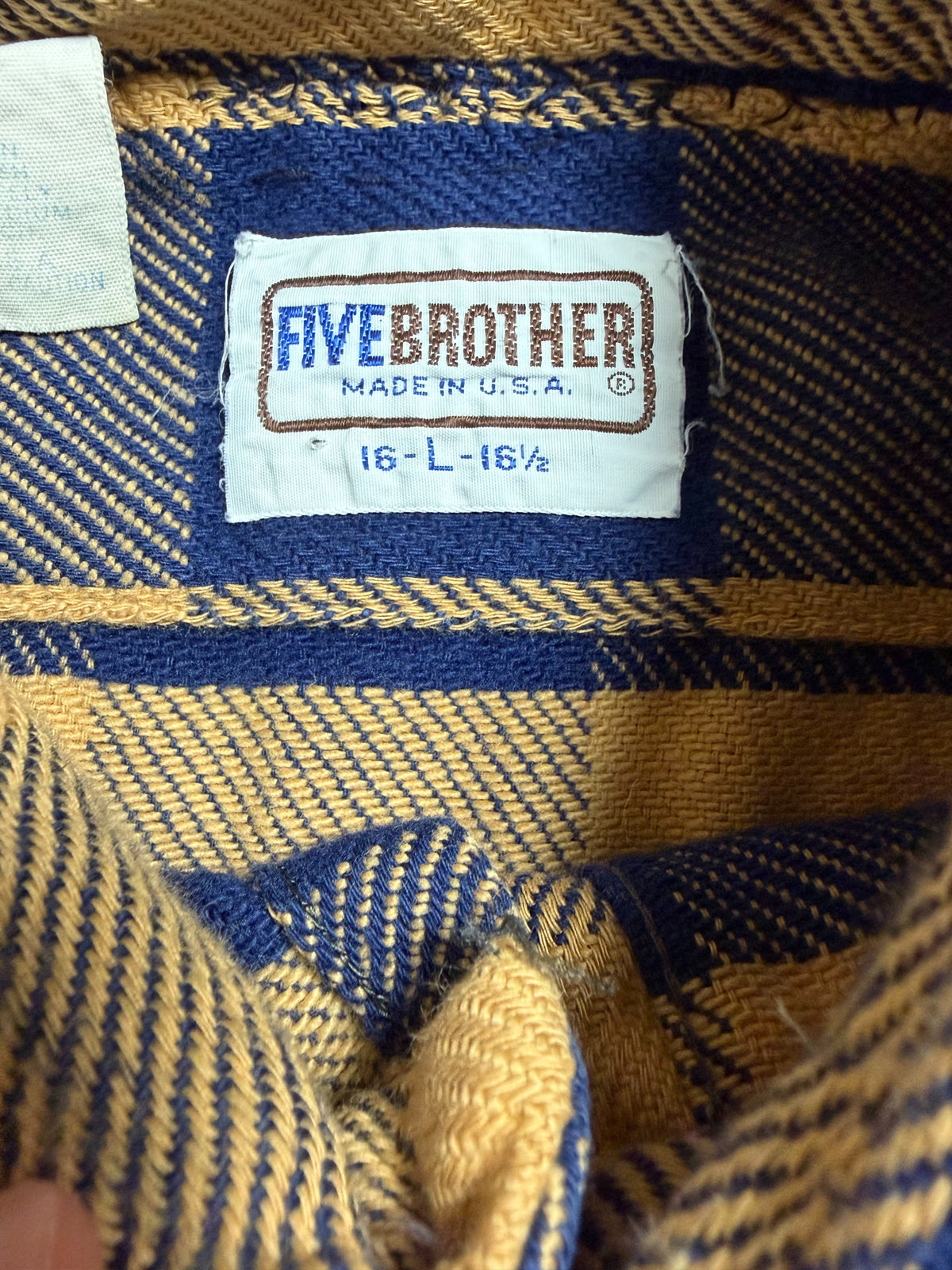90s Five Brother Heavy Flannel Block Check Shirt L — Mustard × Blue / Made in USA Vintage Workwear