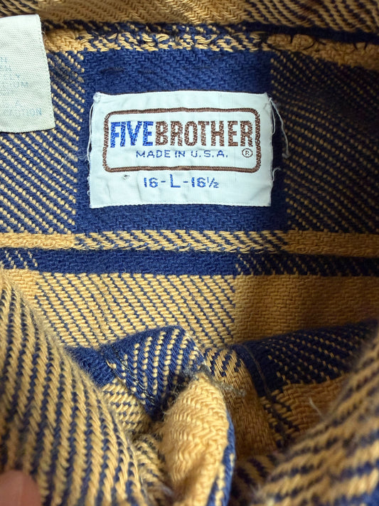90s Five Brother Heavy Flannel Block Check Shirt L — Mustard × Blue / Made in USA Vintage Workwear
