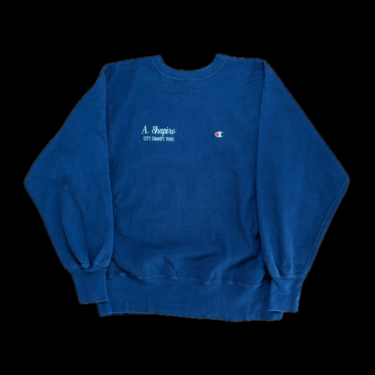 80s Champion Reverse Weave "MIDWOOD Varsity" Sweatshirt L — Navy / Tricolor Tag / Made in USA Vintage