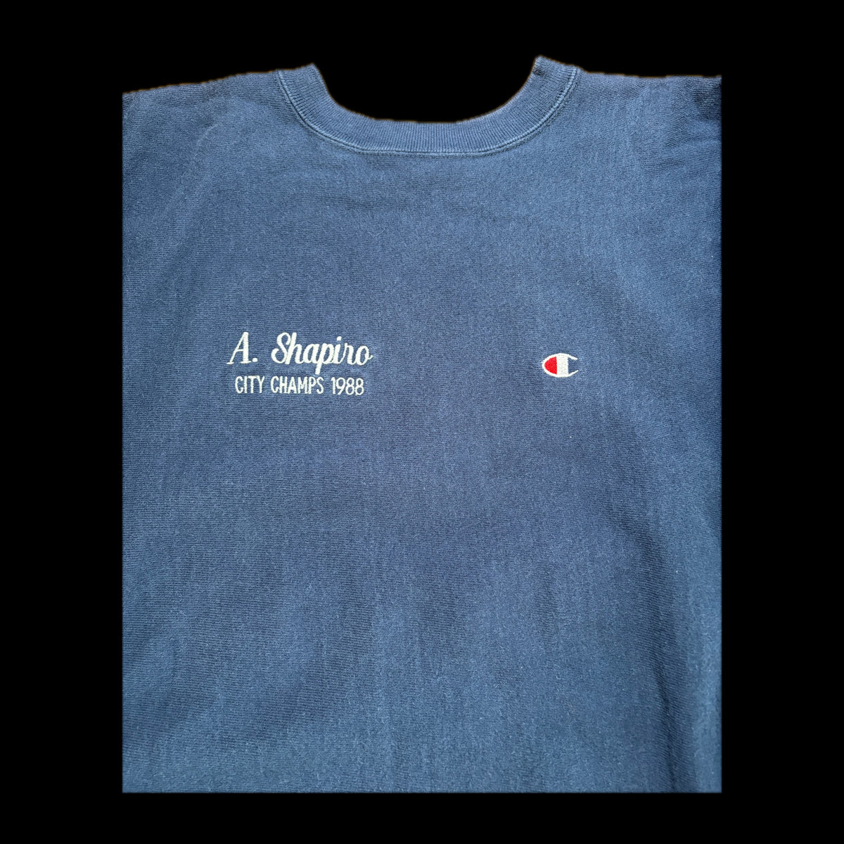 80s Champion Reverse Weave "MIDWOOD Varsity" Sweatshirt L — Navy / Tricolor Tag / Made in USA Vintage