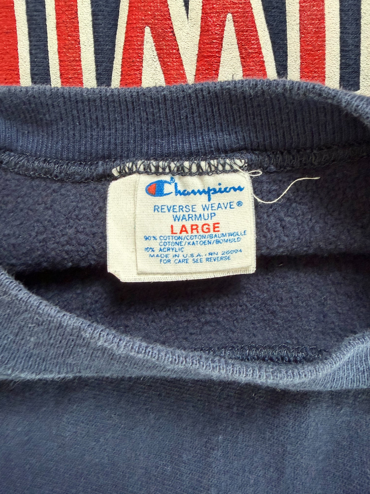 80s Champion Reverse Weave "MIDWOOD Varsity" Sweatshirt L — Navy / Tricolor Tag / Made in USA Vintage