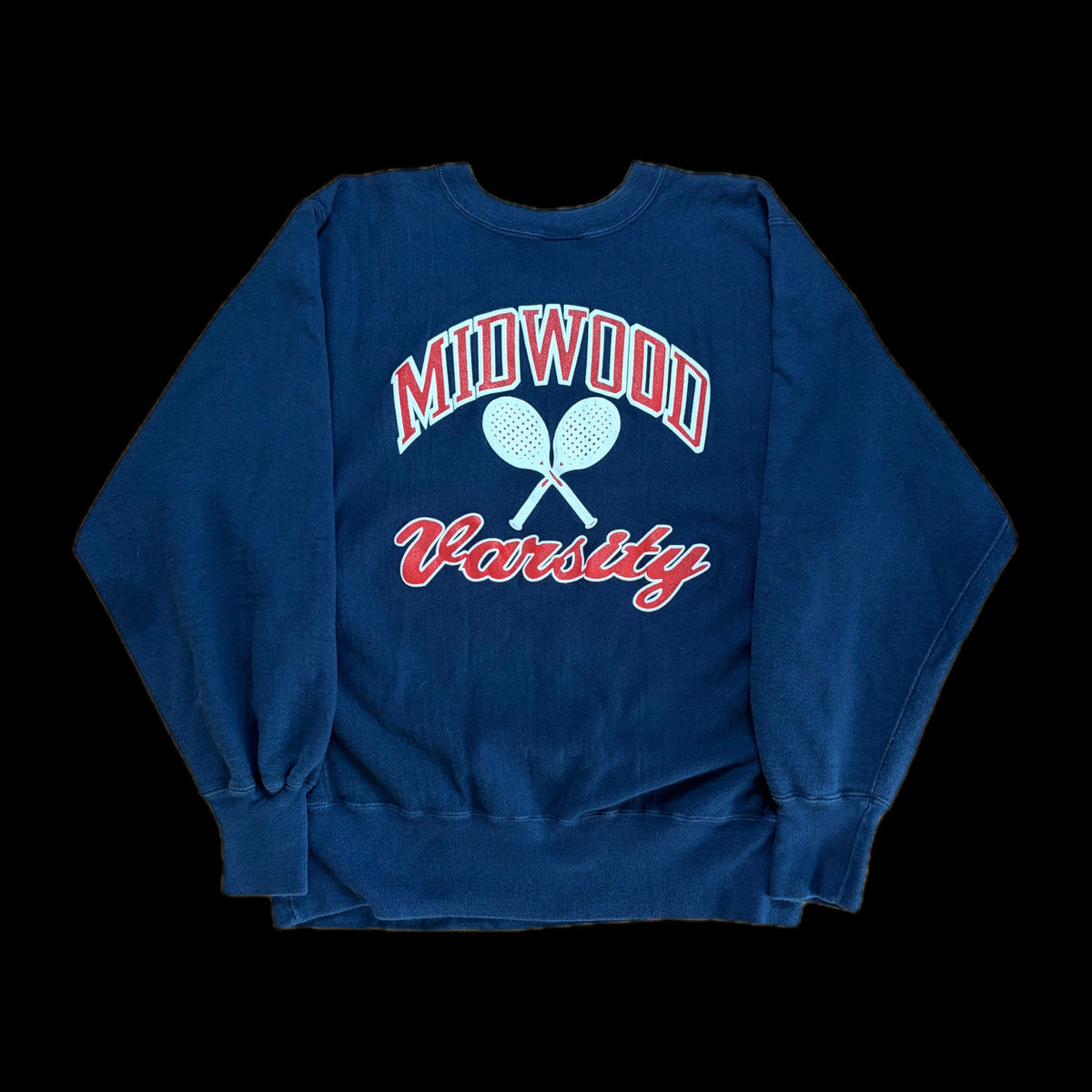 80s Champion Reverse Weave "MIDWOOD Varsity" Sweatshirt L — Navy / Tricolor Tag / Made in USA Vintage