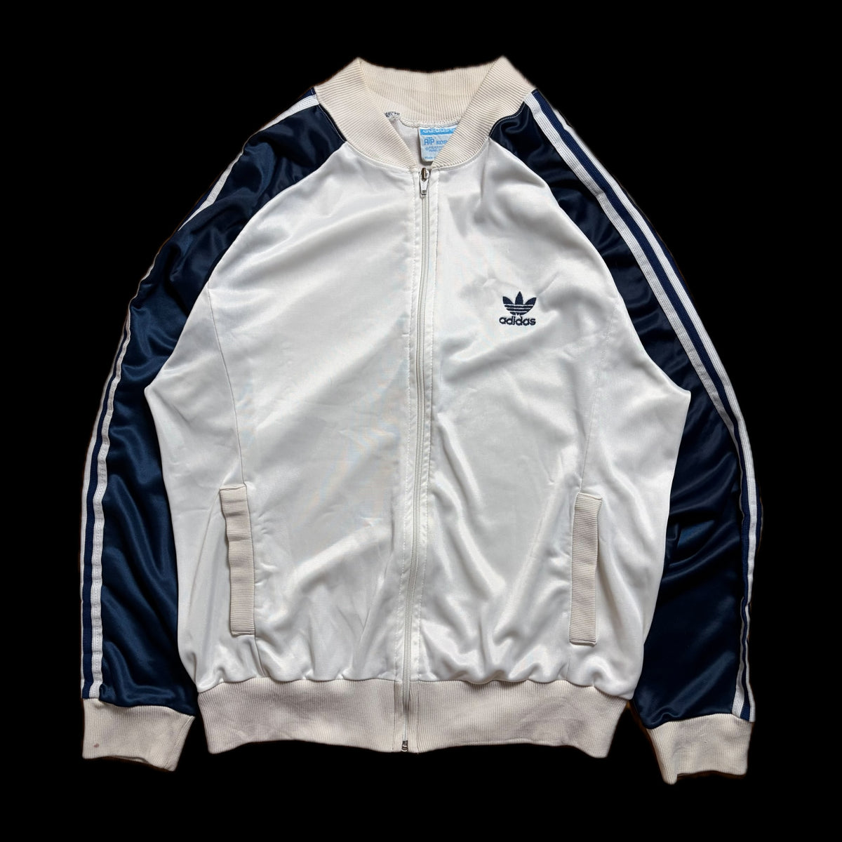 80s adidas ATP Keyrolan Track Jacket L — Cream × Navy / Made in USA Vintage