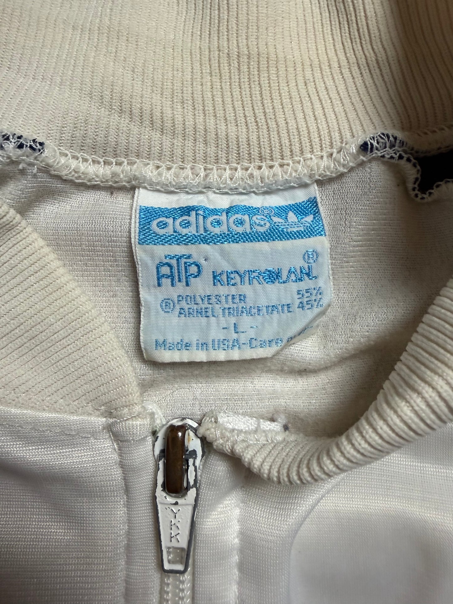 80s adidas ATP Keyrolan Track Jacket L — Cream × Navy / Made in USA Vintage