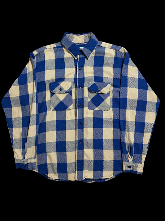 90s Five Brother Heavy Flannel Block Check Shirt L — Mustard × Blue / Made in USA Vintage Workwear